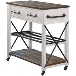 Aurora Farmhouse Aged White Rolling Kitchen Cart with Rustic Wood Top by FirsTime & Co.