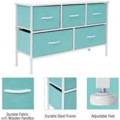 11.87 in. L x 39.5 in. W x 24.62 in. H 5-Drawer Aqua Dresser Steel Frame Wood Top Easy Pull Fabric Bins by Sorbus -Sorbus Sales Store aqua sorbus kids dressers drw cu5 aq 1f 1000