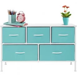 11.87 in. L x 39.5 in. W x 24.62 in. H 5-Drawer Aqua Dresser Steel Frame Wood Top Easy Pull Fabric Bins by Sorbus -Sorbus Sales Store aqua sorbus kids dressers drw cu5 aq fa 1000