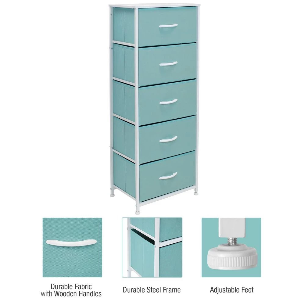 5-Drawer Aqua Dresser with Steel Frame Wood Top and Handle Easy Pull Fabric Bins 18.00 in. L x 11.87 in. W x 46 in. H by Sorbus 5 5-Drawer Aqua Dresser with Steel Frame Wood Top and Handle Easy Pull Fabric Bins 18.00 in. L x 11.87 in. W x 46 in. H by Sorbus - Image 3