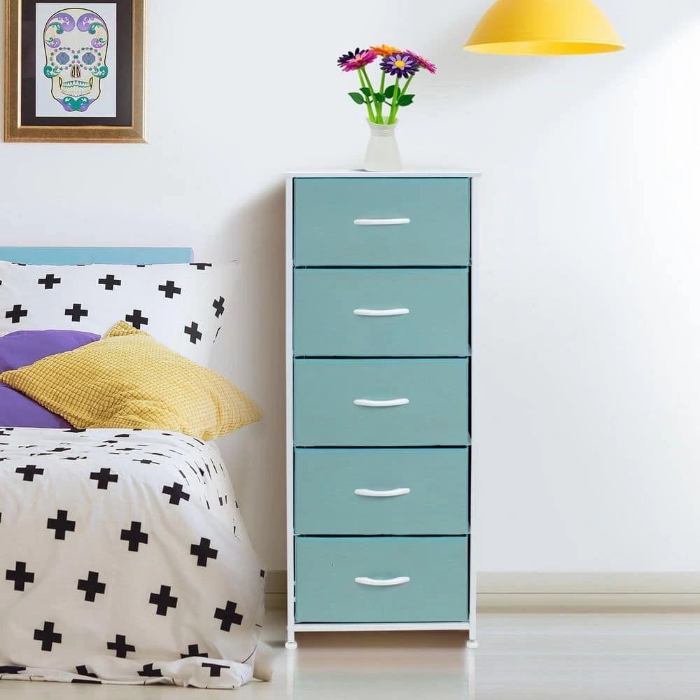 5-Drawer Aqua Dresser with Steel Frame Wood Top and Handle Easy Pull Fabric Bins 18.00 in. L x 11.87 in. W x 46 in. H by Sorbus 6 5-Drawer Aqua Dresser with Steel Frame Wood Top and Handle Easy Pull Fabric Bins 18.00 in. L x 11.87 in. W x 46 in. H by Sorbus - Image 4