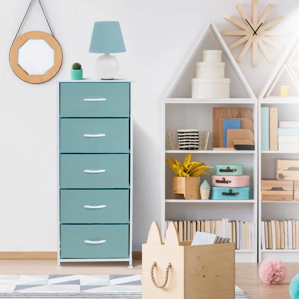 5-Drawer Aqua Dresser with Steel Frame Wood Top and Handle Easy Pull Fabric Bins 18.00 in. L x 11.87 in. W x 46 in. H by Sorbus 10 5-Drawer Aqua Dresser with Steel Frame Wood Top and Handle Easy Pull Fabric Bins 18.00 in. L x 11.87 in. W x 46 in. H by Sorbus - Image 8