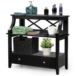 14 in. x 29.5 in. Retangular MDF End Table with Shelves and Slide Drawer, Black by ANGELES HOME