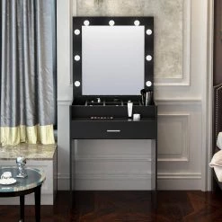 Black Wooden Makeup Vanity Table with 9 LED Light Bulbs and Tools-organized Unit 26.38 in. W x 16.93 in. D x 61.02 in. H by ANGELES HOME -Sorbus Sales Store black angeles home makeup vanities myf36275r 31 1000