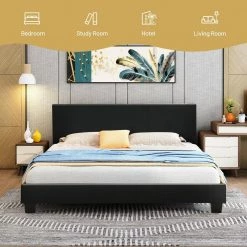 80 in. W Wood Frame Full Upholstered Platform Bed Frame with Linen Headboard, Black by ANGELES HOME -Sorbus Sales Store black angeles home platform beds sa10 9hu032bk c3 1000