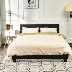 80 in. W Wood Frame Full Upholstered Platform Bed Frame with Linen Headboard, Black by ANGELES HOME -Sorbus Sales Store black angeles home platform beds sa10 9hu032bk fa 1000