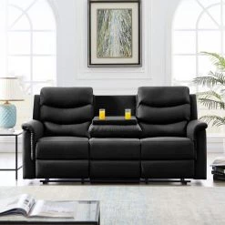 77.5 in. Square Arm Faux Leather 3-Seater Sofa Manual Reclining Motion Straight Sofa with Cup Holders in Black by ANGELES HOME -Sorbus Sales Store black angeles home sofas couches m28578r6 31 1000