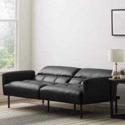 Black Faux Leather Futon Sofa Bed with Box Tufting by Lucid Comfort Collection -Sorbus Sales Store black faux leather lucid comfort collection futons lucc0002ssf81fk 4f 1000