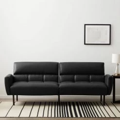 Black Faux Leather Futon Sofa Bed with Box Tufting by Lucid Comfort Collection
