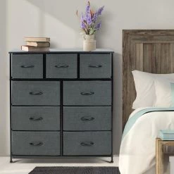 9-Drawer Black Rustic Dresser with Steel Frame Wood Top Easy Pull Fabric Bins 39.5 in. L x 11.5 in. W x 39.5 in. H by Sorbus -Sorbus Sales Store black rustic sorbus dressers drw 9d blk 31 1000