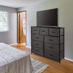 9-Drawer Black Rustic Dresser with Steel Frame Wood Top Easy Pull Fabric Bins 39.5 in. L x 11.5 in. W x 39.5 in. H by Sorbus -Sorbus Sales Store black rustic sorbus dressers drw 9d blk 44 1000