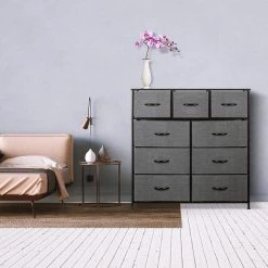 9-Drawer Black Rustic Dresser with Steel Frame Wood Top Easy Pull Fabric Bins 39.5 in. L x 11.5 in. W x 39.5 in. H by Sorbus -Sorbus Sales Store black rustic sorbus dressers drw 9d blk 4f 1000