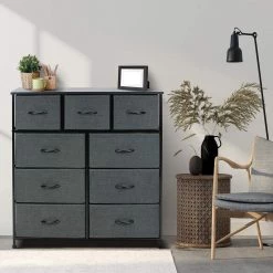 9-Drawer Black Rustic Dresser with Steel Frame Wood Top Easy Pull Fabric Bins 39.5 in. L x 11.5 in. W x 39.5 in. H by Sorbus -Sorbus Sales Store black rustic sorbus dressers drw 9d blk 76 1000