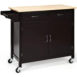43 in. W Rolling Kitchen Cart Island with Wood Countertop, Kitchen Cart Trolley on Wheels, Brown by ANGELES HOME