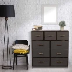 39.5 in. L x 11.5 in. W x 39.5 in. H 9-Drawer Brown Rustic Dresser with Steel Frame Wood Top Easy Pull Fabric Bins by Sorbus -Sorbus Sales Store brown rustic sorbus dressers drw 9d brn fa 1000