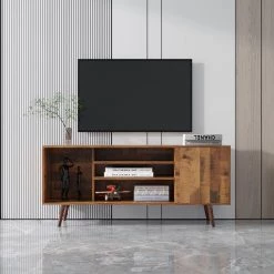 53.15 in. Wood Walnut Finish TV Stand with Shelves and Cabinet Fits TV's up to 65 in. with Cable Management by ANGELES HOME -Sorbus Sales Store fir angeles home tv stands sa33 9w331149 31 1000