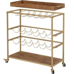 32.5 in. x 13 in. x 30 in. Rectangular Metal Gold Concord Farmhouse Removable Tray Bar Cart by FirsTime & Co.