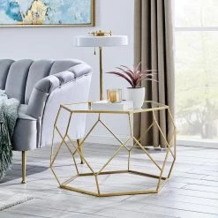 Geometric 32 in. Gold Medium Hexagon Glass Coffee Table by FirsTime & Co.