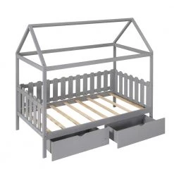 Gray Wood Kids Twin Bed Frame House Bed with Drawers and Roof by ANGELES HOME -Sorbus Sales Store gray angeles home kids beds m8r00701aae 1f 1000