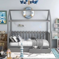 Gray Wood Kids Twin Bed Frame House Bed with Drawers and Roof by ANGELES HOME -Sorbus Sales Store gray angeles home kids beds m8r00701aae 31 1000