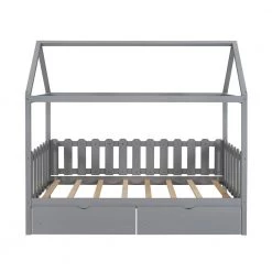 Gray Wood Kids Twin Bed Frame House Bed with Drawers and Roof by ANGELES HOME
