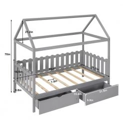 Gray Wood Kids Twin Bed Frame House Bed with Drawers and Roof by ANGELES HOME -Sorbus Sales Store gray angeles home kids beds m8r00701aae c3 1000