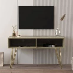 41.73 in. Wood TV Stand with 2 Open Shelves Fits TV's up to 50 in. with Wire Holes and Metal Legs, Gray by ANGELES HOME -Sorbus Sales Store gray angeles home tv stands sa33 9w331153 31 1000