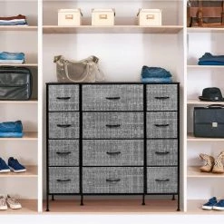 12-Drawer Gray White Dresser Steel Frame Wood Top Easy Pull Fabric Bins 11.75 in. L x 46.5 in. W x 48.7 in. H by Sorbus -Sorbus Sales Store gray black sorbus dressers drw 12d gryblk 1f 1000