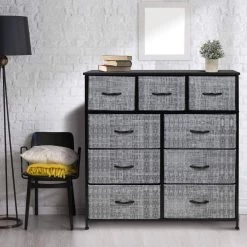 39.5 in. L x 11.5 in. W x 39.5 in. H 9-Drawer Gray/Black Rustic Dresser with Steel Frame Wood Top Easy Pull Fabric Bins by Sorbus -Sorbus Sales Store gray black sorbus dressers drw 9d gryblk fa 1000
