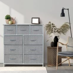 39.5 in. L x 11.5 in. W x 39.5 in. H 9-Drawer Gray Rustic Dresser with Steel Frame Wood Top Easy Pull Fabric Bins by Sorbus -Sorbus Sales Store gray rustic sorbus dressers drw 9d gry 1f 1000