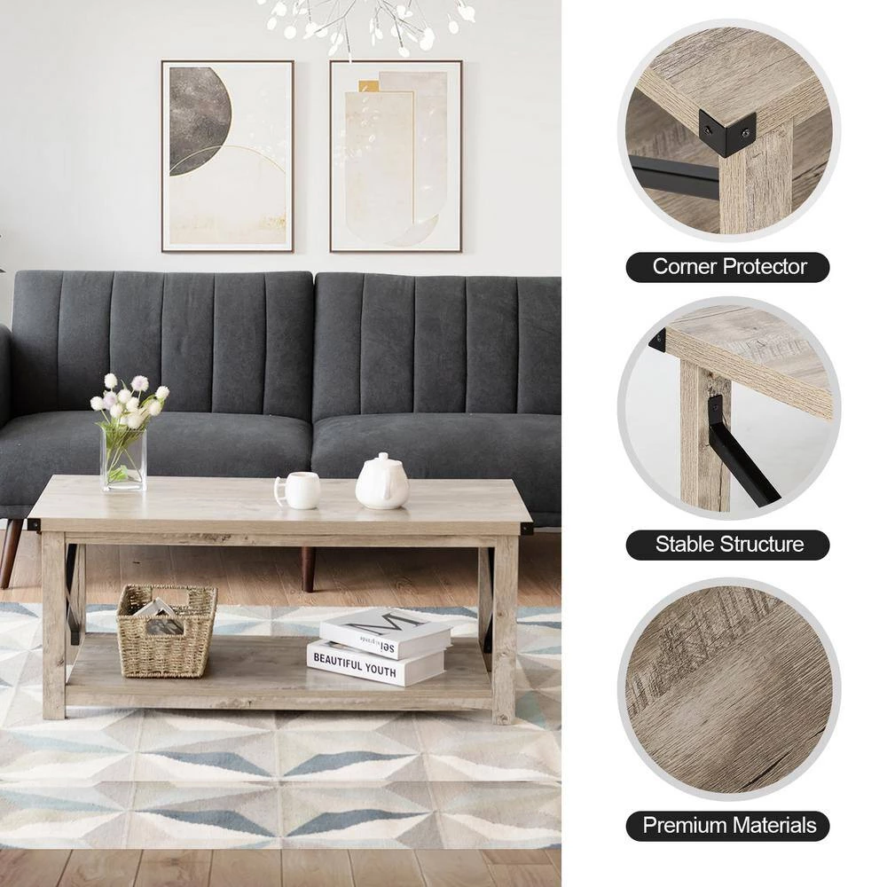 43.5 in. L x 19.5 in. D Rustic Metal X Shaped Grey Wash Accent Coffee Table with Shelf by ANGELES HOME 8 43.5 in. L x 19.5 in. D Rustic Metal X Shaped Grey Wash Accent Coffee Table with Shelf by ANGELES HOME - Image 6