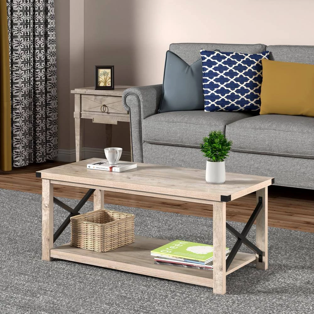43.5 in. L x 19.5 in. D Rustic Metal X Shaped Grey Wash Accent Coffee Table with Shelf by ANGELES HOME 4 43.5 in. L x 19.5 in. D Rustic Metal X Shaped Grey Wash Accent Coffee Table with Shelf by ANGELES HOME - Image 2
