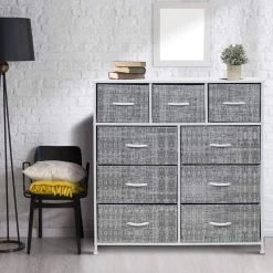 39.5 in. L x 11.5 in. W x 39.5 in. H 9-Drawer Gray/White Rustic Dresser with Steel Frame Wood Top Easy Pull Fabric Bins by Sorbus -Sorbus Sales Store gray white sorbus dressers drw 9d grywh 76 1000