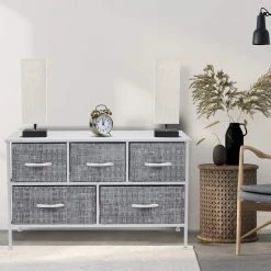 5-Drawer Marble White Dresser White Frame Wood Top Easy Pull Fabric Bins 11.87 in. L x 39.5 in. W x 24.62 in. H by Sorbus 15 5-Drawer Marble White Dresser White Frame Wood Top Easy Pull Fabric Bins 11.87 in. L x 39.5 in. W x 24.62 in. H by Sorbus -Sorbus Sales Store gray white sorbus dressers drw cu5 grywh 1f 1000