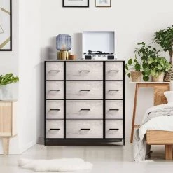 12-Drawer Marble Black Dresser Steel Frame Wood Top Easy Pull Fabric Bins 11.75 in. L x 46.5 in. W x 48.7 in. H by Sorbus -Sorbus Sales Store greige sorbus dressers drw 12d rub 31 1000