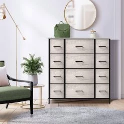 12-Drawer Marble Black Dresser Steel Frame Wood Top Easy Pull Fabric Bins 11.75 in. L x 46.5 in. W x 48.7 in. H by Sorbus -Sorbus Sales Store greige sorbus dressers drw 12d rub 4f 1000