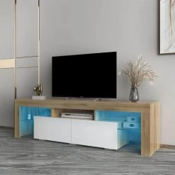 62.99 in. Modern TV Stand Console with LED Lights, Open Shelves and Drawer for TVs up to 60 in., Light Oak and White by ANGELES HOME -Sorbus Sales Store light oak and white angeles home tv stands myf34744r 31 1000