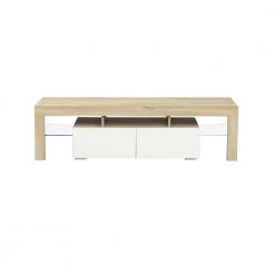 62.99 in. Modern TV Stand Console with LED Lights, Open Shelves and Drawer for TVs up to 60 in., Light Oak and White by ANGELES HOME