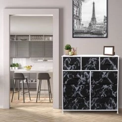 9-Drawer Marble Black with White Frame Dresser Wood Top Easy Pull Fabric Bins 39.5 in. L x 11.5 in. W x 39.5 in. H by Sorbus -Sorbus Sales Store marble black sorbus dressers drw 9d mbw3 1f 1000