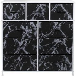 9-Drawer Marble Black with White Frame Dresser Wood Top Easy Pull Fabric Bins 39.5 in. L x 11.5 in. W x 39.5 in. H by Sorbus -Sorbus Sales Store marble black sorbus dressers drw 9d mbw3 44 1000