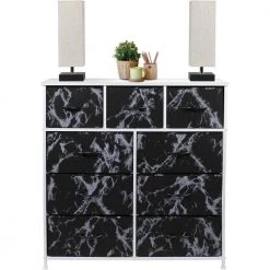 9-Drawer Marble Black with White Frame Dresser Wood Top Easy Pull Fabric Bins 39.5 in. L x 11.5 in. W x 39.5 in. H by Sorbus -Sorbus Sales Store marble black sorbus dressers drw 9d mbw3 4f 1000