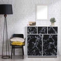 9-Drawer Marble Black with White Frame Dresser Wood Top Easy Pull Fabric Bins 39.5 in. L x 11.5 in. W x 39.5 in. H by Sorbus -Sorbus Sales Store marble black sorbus dressers drw 9d mbw3 c3 1000