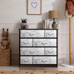 8-Drawer Marble White Dresser Black Frame Wood Top Easy Pull Fabric Bins 11.5 in. L x 34 in. W x 36 in. H by Sorbus -Sorbus Sales Store marble white sorbus dressers drw 8d mwb4 fa 1000