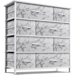 8-Drawer Marble White Dresser White Frame Wood Top Easy Pull Fabric Bins 11.5 in. L x 34 in. W x 36 in. H by Sorbus