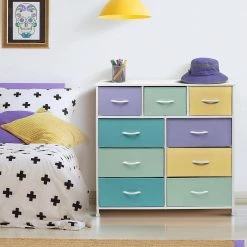 9-Drawer Multi Pastel Steel Frame Dresser Wood Top Easy Pull Fabric Bins 39.5 in. L x 11.5 in. W x 39.5 in. H by Sorbus -Sorbus Sales Store multi pastel color sorbus kids dressers drw 9d pas 1f 1000