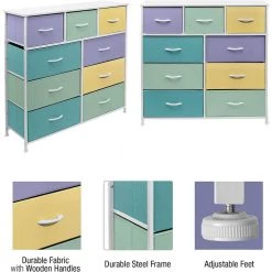 9-Drawer Multi Pastel Steel Frame Dresser Wood Top Easy Pull Fabric Bins 39.5 in. L x 11.5 in. W x 39.5 in. H by Sorbus -Sorbus Sales Store multi pastel color sorbus kids dressers drw 9d pas 76 1000