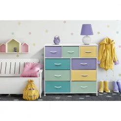 9-Drawer Multi Pastel Steel Frame Dresser Wood Top Easy Pull Fabric Bins 39.5 in. L x 11.5 in. W x 39.5 in. H by Sorbus -Sorbus Sales Store multi pastel color sorbus kids dressers drw 9d pas c3 1000