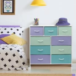 9-Drawer Multi Pastel Metal Frame Dresser Wood Top Easy Pull Fabric Bins 39.5 in. L x 11.5 in. W x 39.5 in. H by Sorbus -Sorbus Sales Store multi pastel color sorbus kids dressers drw 9d pas2 31 1000