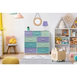 9-Drawer Multi Pastel Metal Frame Dresser Wood Top Easy Pull Fabric Bins 39.5 in. L x 11.5 in. W x 39.5 in. H by Sorbus -Sorbus Sales Store multi pastel color sorbus kids dressers drw 9d pas2 44 1000