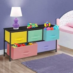 5-Drawer Pastel Black Dresser Steel Frame Wood Top Easy Pull Fabric Bins 11.87 in. L x 39.5 in. W x 24.62 in. H by Sorbus -Sorbus Sales Store pastel black sorbus kids dressers drw cu5 pasblk 1f 1000